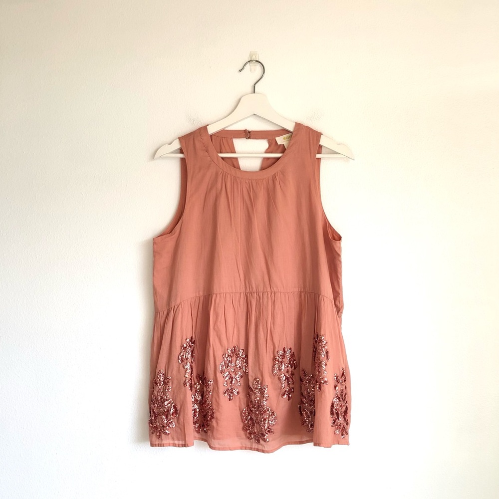 Anthropologie Maeve Simona Sequin Babydoll Tank Top | Rose Gold Pink, Size Small